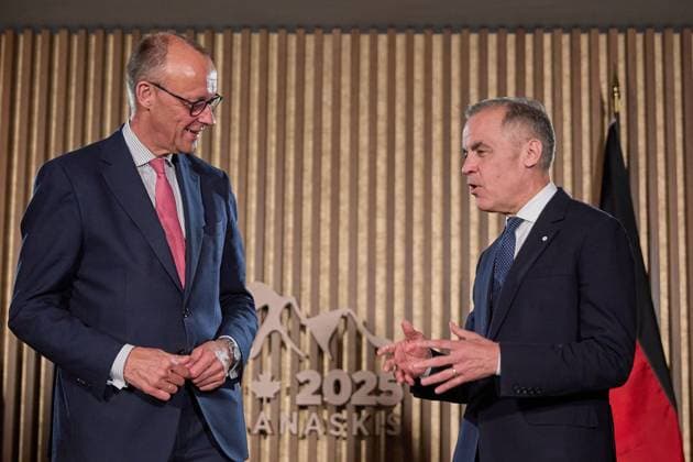 Kananaskis, Alberta, Kanada, 16.06.2025: Mountain Lodge: G7-Gipfel 2025: Bundeskanzler Friedrich Merz (CDU) trifft Kanadas Premierminister Mark Carney zu einem bilateralen Gespräch (Ortszeit: 15.06.2025) Copyright: xdtsxNachrichtenagenturx dts_71028