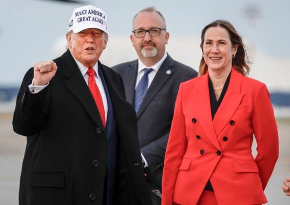 June 15, 2025, Calgary, Ab, CANADA: U.S. President Donald Trump, left, pumps his fist as he is greeted by Kirsten Hillman, Canadian Ambassador to the United States, right, as he arrives in Calgary, Alta., Sunday, June 15, 2025, to attend the G7 Leaders meeting taking place in Kananaskis. Calgary CANADA - ZUMAc35_ 20250615_zaf_c35_239 Copyright: xJeffxMcintoshx