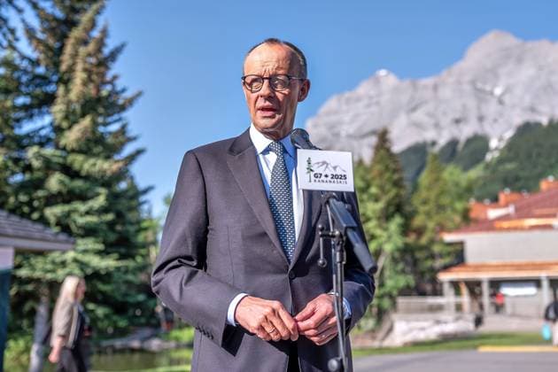 Kananaskis, Alberta, Kanada, 16.06.2025: Mountain Lodge: G7-Gipfel 2025: Bundeskanzler Friedrich Merz (CDU) gibt ein Statement ab (Foto: Michael Kappeler Pool) Copyright: xMichaelxKappeler Pool dtsxNachrichtenagenturx dts_71104