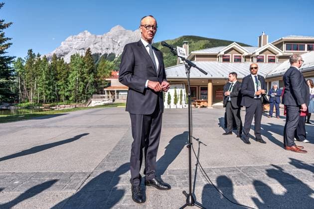 Kananaskis, Alberta, Kanada, 16.06.2025: Mountain Lodge: G7-Gipfel 2025: Bundeskanzler Friedrich Merz (CDU) gibt ein Statement ab (Foto: Michael Kappeler Pool) Copyright: xMichaelxKappeler Pool dtsxNachrichtenagenturx dts_71103