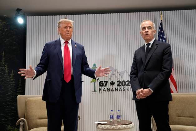 June 16, 2025, Kananaskis, Ab, Canada: Prime Minister Mark Carney, right, meets with United States President Donald Trump at the G7 Summit in Kananaskis, Alta., on Monday, June 16, 2025. Kananaskis Canada - ZUMAc35_ 20250616_zaf_c35_017 Copyright: xAdrianxWyldx