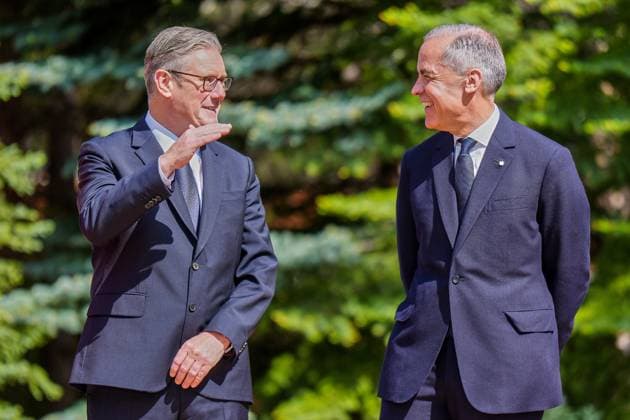 Kananaskis, Alberta, Kanada, 16.06.2025: Mountain Lodge: G7-Gipfel 2025: Die Premierminister von Großbritannien und Kanada, Keir Starmer und Mark Carney (Foto: Michael Kappeler Pool) Copyright: xMichaelxKappeler Pool dtsxNachrichtenagenturx dts_71132