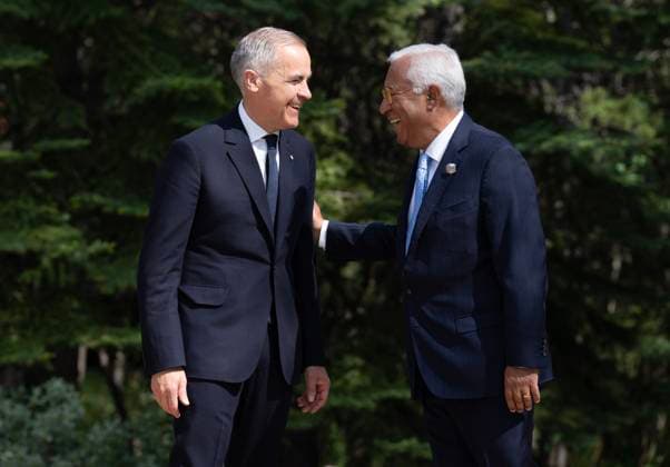 June 16, 2025, Kananaskis, Ab, Canada: Prime Minister Mark Carney speaks with European Council President Antonio Costa during the official welcome ceremony at the G7 Summit in Kananaskis, Alta., on Monday, June 16, 2025. Kananaskis Canada  - ZUMAc35_ 20250616_zaf_c35_142 Copyright: xAdrianxWyldx