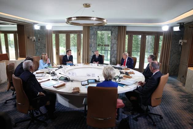 (L R, clockwise) European Council President António Costa attend a working session, Japan s Prime Minister Shigeru Ishiba, Italy s Prime Minister Giorgia Meloni, French President Emmanuel Macron, Canadian Prime Minister Mark Carney, US President Donald Trump, British Prime Minister Keir Starmer, German Chancellor Friedrich Merz, and European Commission President Ursula Von der Leyen, during the Group of Seven (G7) Summit at the Pomeroy Kananaskis Mountain Lodge in Kananaskis, Alberta, Canada, on Monday on June 16, 2025. CAN2025061601 AlexandrosxMICHAILIDISx(EU)