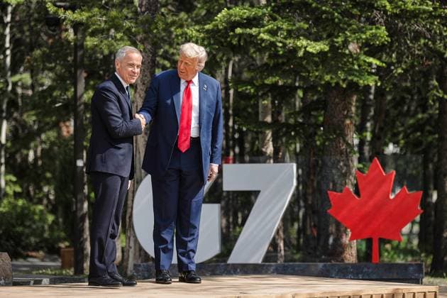 Kananaskis, Alberta, Kanada, 16.06.2025: Mountain Lodge: G7-Gipfel 2025: Der kanadische Premierminister Mark Carney und US-Präsident Donald Trump Copyright: xGovernmentxofxCanada dtsxNachrichtenagenturx dts_71144