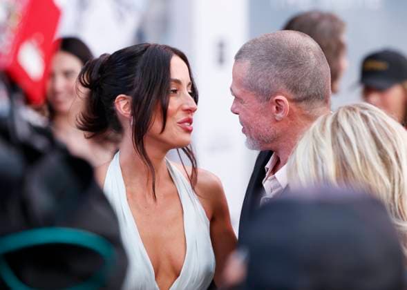 Brad Pitt and Ines de Ramon arrive on the red carpet for the Apple Original Films & Warner Bros. Pictures F1 World Premiere in Times Square on Monday, June 16, 2025 in New York City.  NYP20250616111 JOHNxANGELILLO