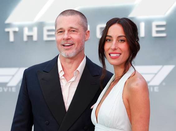 Brad Pitt and Ines de Ramon arrive on the red carpet for the Apple Original Films & Warner Bros. Pictures F1 World Premiere in Times Square on Monday, June 16, 2025 in New York City.  NYP20250616113 JOHNxANGELILLO