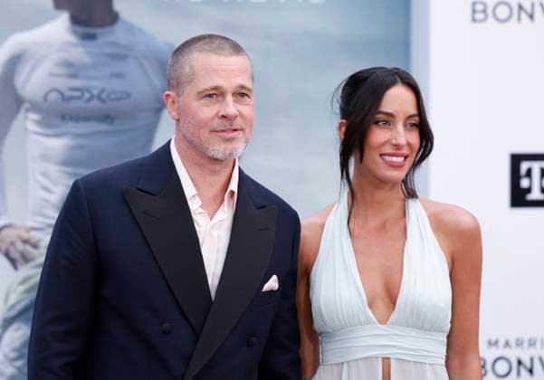 Brad Pitt and Ines de Ramon arrive on the red carpet for the Apple Original Films & Warner Bros. Pictures F1 World Premiere in Times Square on Monday, June 16, 2025 in New York City.  NYP20250616117 JOHNxANGELILLO