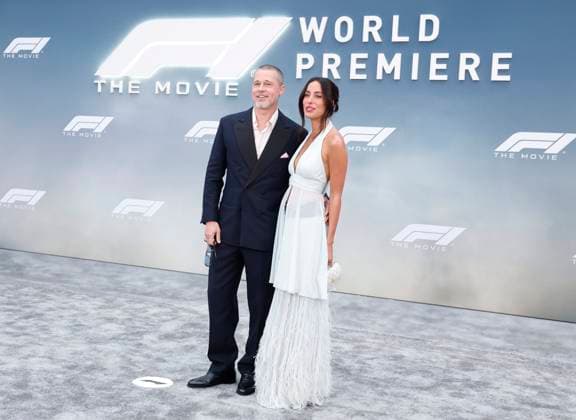 Brad Pitt and Ines de Ramon arrive on the red carpet for the Apple Original Films & Warner Bros. Pictures F1 World Premiere in Times Square on Monday, June 16, 2025 in New York City.  NYP20250616148 JOHNxANGELILLO