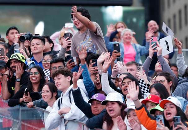 Fans watch talent arrive on the red carpet for the Apple Original Films & Warner Bros. Pictures F1 World Premiere in Times Square on Monday, June 16, 2025 in New York City.  NYP20250616151 JOHNxANGELILLO