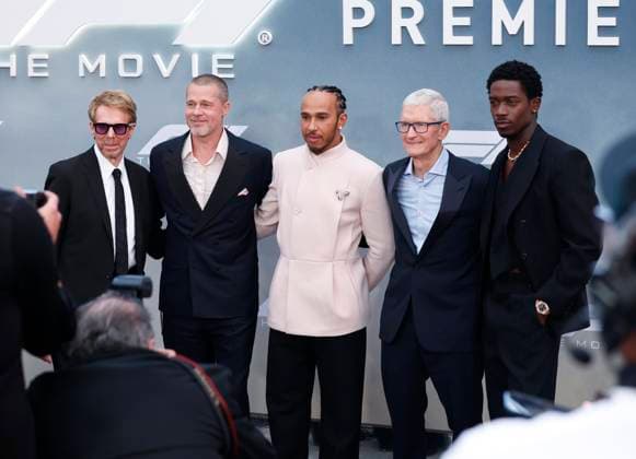 Brad Pitt, British formula 1 driver and co-producer Lewis Hamilton, Tim Cook and British actor Damson Idris arrive on the red carpet for the Apple Original Films & Warner Bros. Pictures F1 World Premiere in Times Square on Monday, June 16, 2025 in New York City.  NYP20250616150 JOHNxANGELILLO