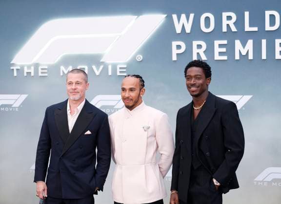 Brad Pitt, British formula 1 driver and co-producer Lewis Hamilton and British actor Damson Idris arrive on the red carpet for the Apple Original Films & Warner Bros. Pictures F1 World Premiere in Times Square on Monday, June 16, 2025 in New York City.  NYP20250616149 JOHNxANGELILLO