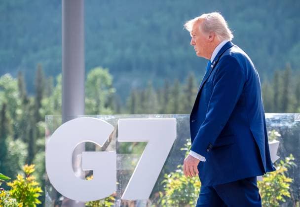 Kananaskis, Alberta, Kanada, 17.06.2025: Mountain Lodge: G7-Gipfel 2025: Donald Trump kommt zum Familienfoto (Foto: Michael Kappeler Pool) Copyright: xMichaelxKappeler Pool dtsxNachrichtenagenturx dts_71156