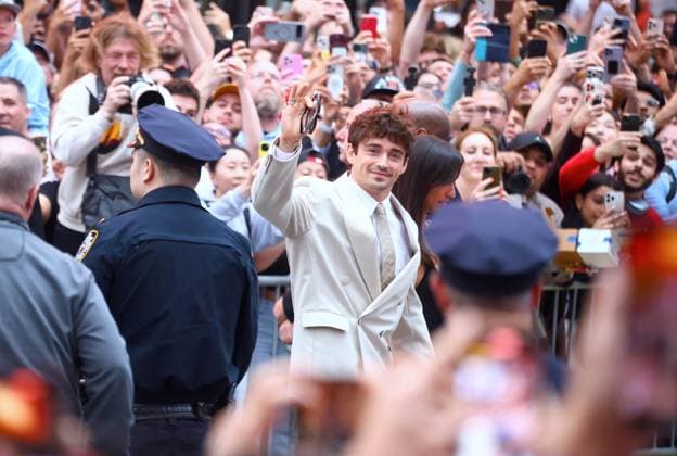 F1 World Premiere - Arrival - Charles Leclerc F1 Ferrari driver Charles Leclerc with his girlfriend Alexandra Saint Mleux arrive at the F1 movie world premiere in Times Square, New York on June 16, 2025. Photo by Charles Guerin ABACAPRESS.COM New York City NY United States  Copyright: xGuerinxCharles ABACAx