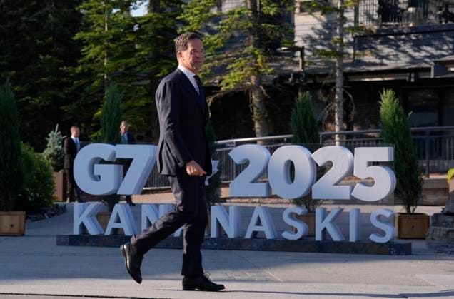 June 17, 2025, Kananaskis, Ab, Canada: North Atlantic Treaty Organization Secretary General Mark Rutte makes his way to meet Prime Minister Mark Carney at the G7 Summit in Kananaskis, Alta., on Tuesday, June 17, 2025. Kananaskis Canada  - ZUMAc35_ 20250617_zaf_c35_005 Copyright: xAdrianxWyldx