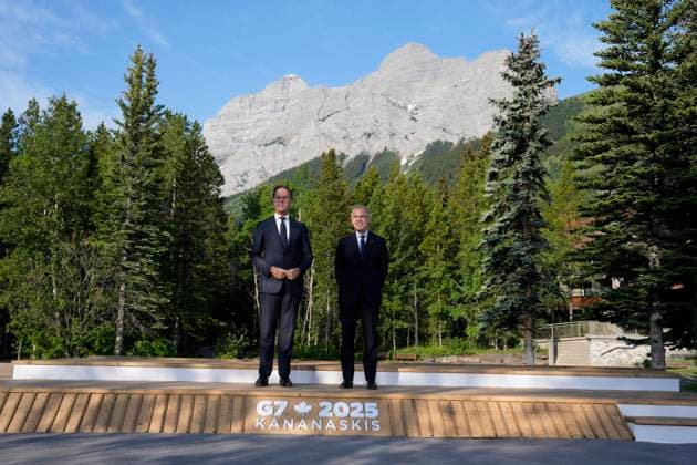 June 17, 2025, Kananaskis, Ab, Canada: Prime Minister Mark Carney greets North Atlantic Treaty Organization Secretary General Mark Rutte at the G7 Summit in Kananaskis, Alta., on Tuesday, June 17, 2025. Kananaskis Canada  - ZUMAc35_ 20250617_zaf_c35_004 Copyright: xAdrianxWyldx
