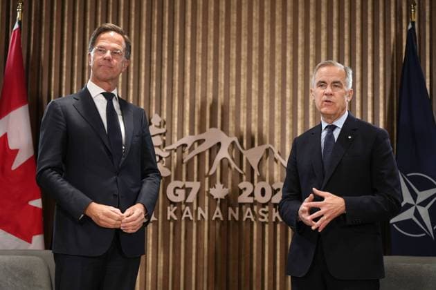 June 17, 2025, Kananaskis, Ab, CANADA: Canadian Prime Minister Mark Carney, right, and NATO secretary-general Mark Rutte attend a meeting at the G7 Summit in Kananaskis, B.C., on Tuesday, June 17, 2025. Kananaskis CANADA - ZUMAc35_ 20250617_zaf_c35_045 Copyright: xDarrylxDyckx