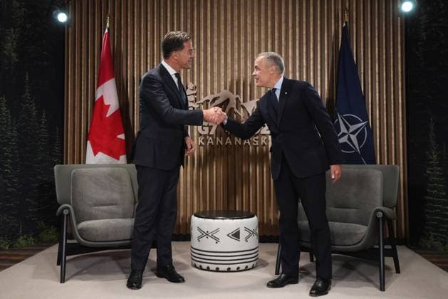 June 17, 2025, Kananaskis, Ab, CANADA: Canadian Prime Minister Mark Carney, right, and NATO secretary-general Mark Rutte attend a meeting at the G7 Summit in Kananaskis, Alta., on Tuesday, June 17, 2025. Kananaskis CANADA - ZUMAc35_ 20250617_zaf_c35_068 Copyright: xDarrylxDyckx