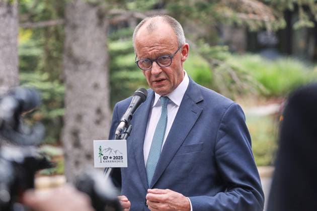 Kananaskis, Alberta, Kanada, 17.06.2025: Mountain Lodge: G7-Gipfel 2025: Bundeskanzler Friedrich Merz (CDU) gibt zum Abschluss des Treffens ein Statement vor Journalisten, in dem er den Gipfel als vollen Erfolg bezeichnet Copyright: xdtsxNachrichtenagenturx dts_71223