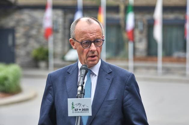 Kananaskis, Alberta, Kanada, 17.06.2025: Mountain Lodge: G7-Gipfel 2025: Bundeskanzler Friedrich Merz (CDU) gibt zum Abschluss des Treffens ein Statement vor Journalisten, in dem er den Gipfel als vollen Erfolg bezeichnet Copyright: xdtsxNachrichtenagenturx dts_71226