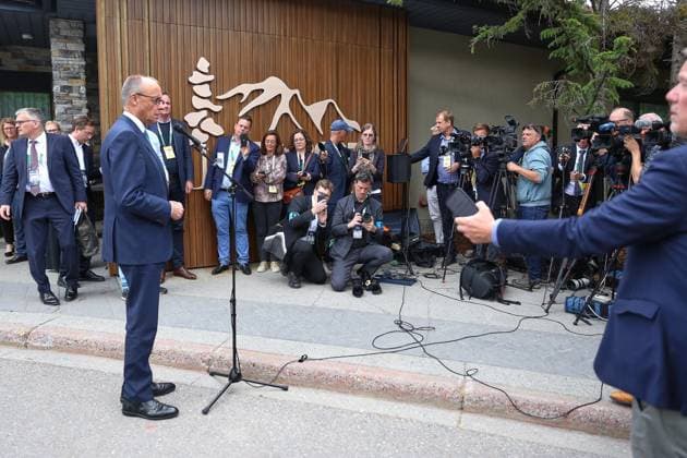 Kananaskis, Alberta, Kanada, 17.06.2025: Mountain Lodge: G7-Gipfel 2025: Bundeskanzler Friedrich Merz (CDU) gibt zum Abschluss des Treffens ein Statement vor Journalisten, in dem er den Gipfel als vollen Erfolg bezeichnet Copyright: xdtsxNachrichtenagenturx dts_71233