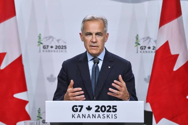 Kananaskis, Alberta, Kanada, 18.06.2025: Mountain Lodge: G7-Gipfel 2025: Der kanadische Premierminister Mark Carney spricht auf der Abschlusspressekonferenz Copyright: xdtsxNachrichtenagenturx dts_71242
