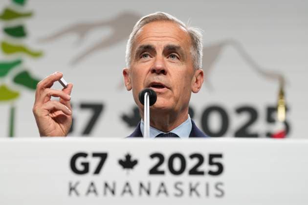 June 17, 2025, Kananaskis, Ab, Canada: Prime Minister Mark Carney is seen during the closing news conference at the G7 Summit in Kananaskis, Alta., Tuesday, June 17, 2025. Kananaskis Canada  - ZUMAc35_ 20250617_zaf_c35_275 Copyright: xAdrianxWyldx