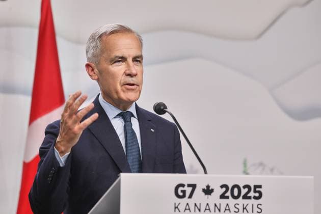 Kananaskis, Alberta, Kanada, 18.06.2025: Mountain Lodge: G7-Gipfel 2025: Der kanadische Premierminister Mark Carney spricht auf der Abschlusspressekonferenz Copyright: xdtsxNachrichtenagenturx dts_71254