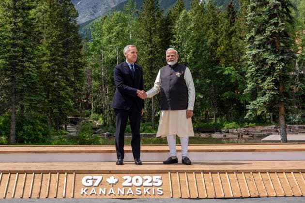 Kananaskis, Alberta, Kanada, 17.06.2025: Mountain Lodge: G7-Gipfel 2025: Mark Carney und Narendra Modi (Foto: Michael Kappeler Pool) Copyright: xMichaelxKappeler Pool dtsxNachrichtenagenturx dts_71266