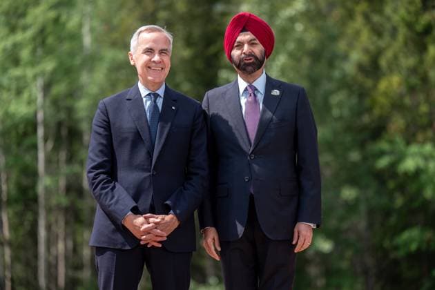 Kananaskis, Alberta, Kanada, 17.06.2025: Mountain Lodge: G7-Gipfel 2025: Mark Carney und Ajay Banga (Foto: Michael Kappeler Pool) Copyright: xMichaelxKappeler Pool dtsxNachrichtenagenturx dts_71257