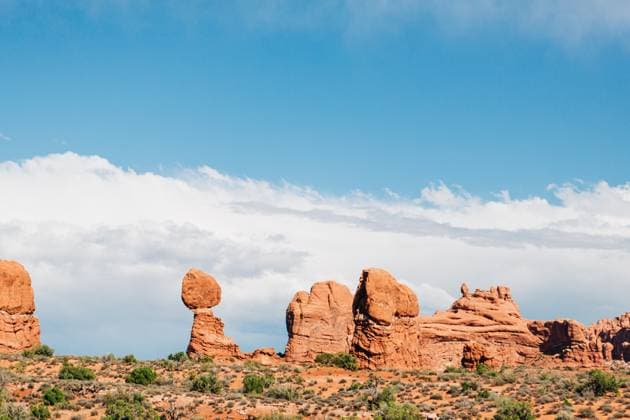 Balanced Rock Side View on Sunny Blue Sky Day Moab, Utah, United States CR_XPQF25061748-1735289-01