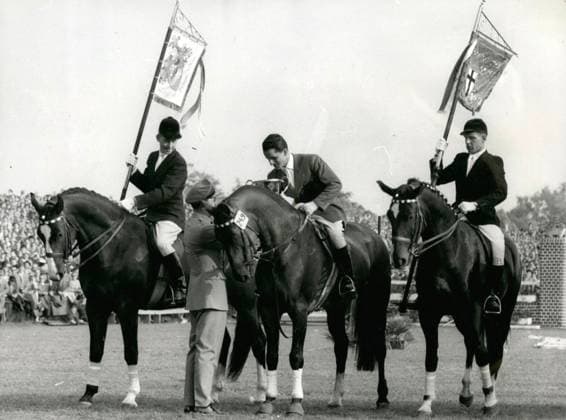 Trabrennen Pferderennen Hunderennen Pferdesport 8. Juli 1955 - Hans Günther Winkler behält den Meistertitel im Springreiten. Nach einem dramatischen Stechen gegen Leutnant Raimondo d Inzeo (Italien) verteidigte der deutsche Titelverteidiger Hans Günther Winkler seinen Meistertitel zum zweiten Mal in Aachen bei der dritten Weltmeisterschaft. Sein makelloser Ritt mit dem italienischen Ross Nadir (Bild) machte den Unterschied. *** Trotting races Horse racing Dog racing Equestrian sports 8 July 1955 Hans Günther Winkler keeps the Championship title at Show Jumping to a Dramatic Stinging against Lieutenant Raimondo D Inzeo Italy defended the German Title defenders Hans Günther Winkler its Championship title to second times in  Copyright: xUnitedxArchivesx xkpaxKeystonex 19550708_baf_k09_004