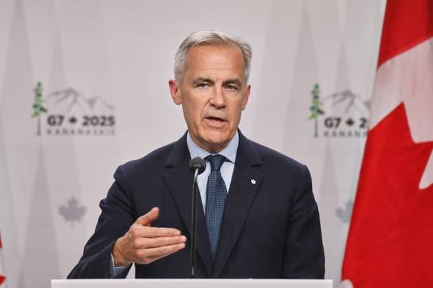 Kananaskis, Alberta, Kanada, 18.06.2025: Mountain Lodge: G7-Gipfel 2025: Der kanadische Premierminister Mark Carney spricht auf der Abschlusspressekonferenz Copyright: xdtsxNachrichtenagenturx dts_71278