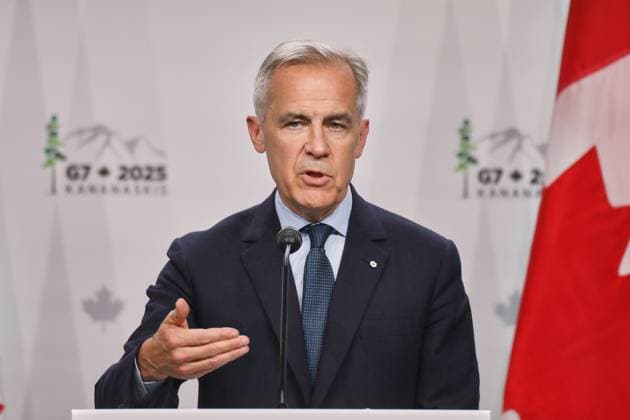 Kananaskis, Alberta, Kanada, 18.06.2025: Mountain Lodge: G7-Gipfel 2025: Der kanadische Premierminister Mark Carney spricht auf der Abschlusspressekonferenz Copyright: xdtsxNachrichtenagenturx dts_71291