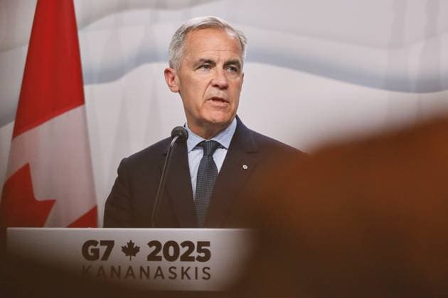 Kananaskis, Alberta, Kanada, 18.06.2025: Mountain Lodge: G7-Gipfel 2025: Der kanadische Premierminister Mark Carney spricht auf der Abschlusspressekonferenz Copyright: xdtsxNachrichtenagenturx dts_71284