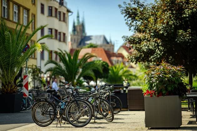 Erfurt , 170625 , Hirschgarten in Erfurt Im Bild: Eichenstraße, Rückbau der Stellplätze für das Anwohnerparken, Verbesserungen für Radfahrer, Kinder, Gastronomie und einer verbesserten Aufenthaltsqualität *** Erfurt , 170625 , Hirschgarten in Erfurt In the picture Eichenstraße, removal of parking spaces for residents parking, improvements for cyclists, children, gastronomy and an improved quality of stay