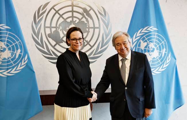 News Themen der Woche KW25 News Bilder des Tages UN Secretary General Meets Sweden™s Foreign Affairs Minister The Secretary-General meets with H.E. Ms. Maria Malmer Stenergard, Minister for Foreign Affairs, Sweden at the United Nations Headquarters on June 19,2025 in New York City. New York City New York United States  Copyright: xJohnxLamparskix originalFilename: lamparski-unsecret250619_npiEE.jpg
