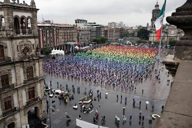June 22, 2025, Mexico, Cdmx, Mexico: Hundreds of people gathered in Mexico City s Plaza de la ConstitucioÂ³n to break the record for the world s largest LGBTTTIQA+ flag. For this event, they used umbrellas in the same colors as the gay community flag. Mexico Mexico - ZUMAp204 20250622_zip_p204_007 Copyright: xJosuexPerezx