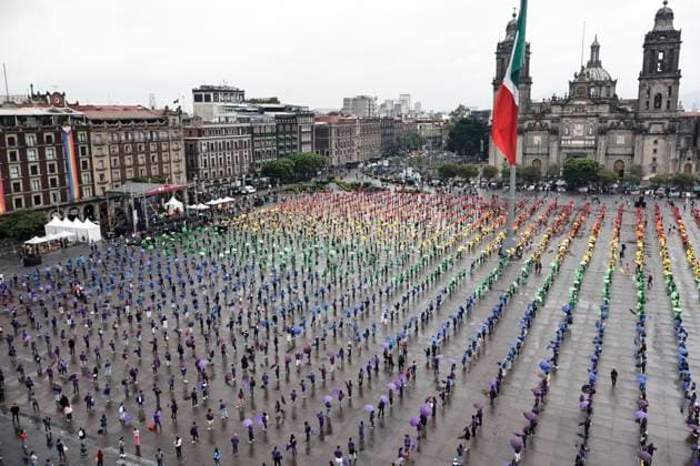 June 22, 2025, Mexico, Cdmx, Mexico: Hundreds of people gathered in Mexico City s Plaza de la ConstitucioÂ³n to break the record for the world s largest LGBTTTIQA+ flag. For this event, they used umbrellas in the same colors as the gay community flag. Mexico Mexico - ZUMAp204 20250622_zip_p204_027 Copyright: xJosuexPerezx
