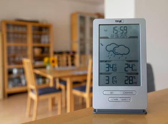 IMAGO Creative, Jahreszeit Sommer, Hitze Sommerhitze, Digitales Thermometer in einer Dachwohnung, Innenstadt, Außentemperatur am Nachmittag über 34Â°C, in der Wohnung 31Â°C, Wohnung ohne Klimaanlage, heizt sich sehr auf, Gesundheitsrisiko, Symbolbild Klimawandel, Sommerhitze Wohnung *** Summer heat, digital thermometer in an attic apartment, city center, outside temperature in the afternoon over 34°C, in the apartment 31°C, apartment without air conditioning, heats up very much, health risk, symbolic image climate change, summer heat apartment