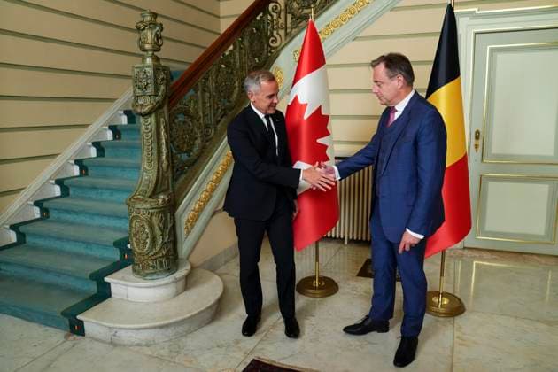 June 23, 2025, Brussels, Belgium: Canadian Prime Minister Mark Carney meets with Belgian Prime Minister Bart De Wever at the Chancery of the Prime Minister of Belgium in Brussels, Belgium on Monday, June 23, 2025. Brussels Belgium  - ZUMAc35_ 20250623_zaf_c35_018 Copyright: xSeanxKilpatrickx