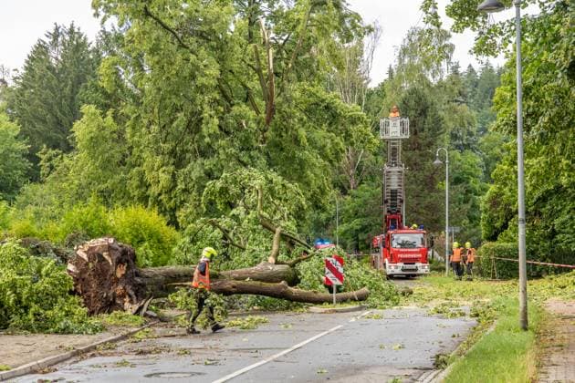 Bilder des Jahres 2025, News 06 Juni News Bilder des Tages 250623Unwetter News ID: EN 2025-06-23 Unwetter über Einsiedel sorgt für zahlreiche Sturmschäden Feuerwehr im Großeinsatz Schäden an Bahnstrecke und Gynasium Einsiedel Chemnitz-Einsiedel. Schwere Gewitter sind am Montagnachmittag gegen 14:30 Uhr über Einsiedel bei Chemnitz hinweggezogen. Besonders schwere Sturmböen sorgten in der Einsiedler Straße, im unteren Teil der Ortschaft für zahlreiche Sturmschäden. Mehrere Bäume wurden entwurzelt und Baumkronen abgerissen. Betroffen waren neben der Einsiedler Straße, auch das Gynasium Einsiedel sowie die Bahnstrecke der Citybahn C13 Chemnitz-Aue. Diese musste wegen der Sturmschäden gesperrt werden. Nach wie vor sind die Kameraden der Feuerwehr dabei, die Schäden zu beseitigen. Neben den Feue