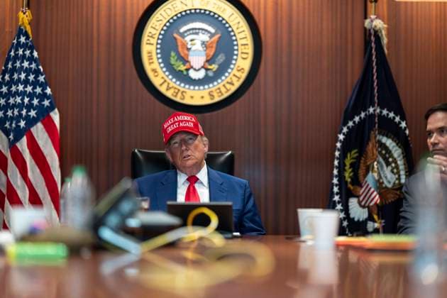 June 21, 2025, Washington, Dc, United States of America: U.S. President Donald Trump, wearing a MAGA hat, monitors Operation Midnight Hammer from the Situation Room of the White House, June 21, 2025 in Washington, D.C. Trump gave the go-ahead for U.S Air Force B-2 stealth bombers to drop bunker buster bombs on three Iranian nuclear enrichment sites. Washington United States of America - ZUMAp138 20250621_zaa_p138_002 Copyright: xDanielxTorok WhitexHousex