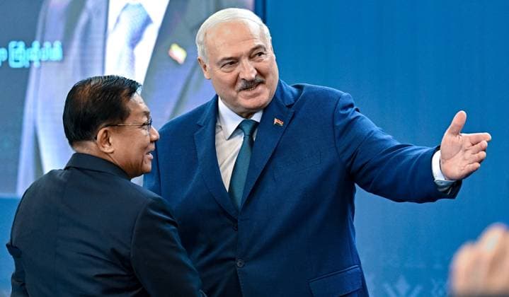 Belarus Putin Eurasian Economic Forum 8953080 26.06.2025 Belarusian President Alexander Lukashenko welcomes Chairman of the State Administration Council (SAC) of Myanmar General Min Aung Hlaing before the Strategy of Eurasian Economic Integration: Results and Prospects plenary session of the Eurasian Economic Forum, in Minsk, Belarus. Sergey Bobylev Sputnik Minsk Belarus  Copyright: xSergeyxBobylevx