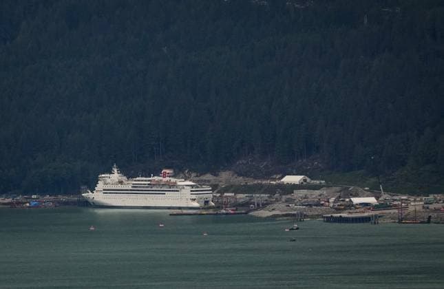 June 26, 2025, Squamish, Bc, CANADA: A floatel being used to house construction workers is seen docked at the Woodfibre LNG export facility under construction near Squamish, B.C., on Thursday, June 26, 2025. Squamish CANADA  - ZUMAc35_ 20250626_zaf_c35_048 Copyright: xDarrylxDyckx