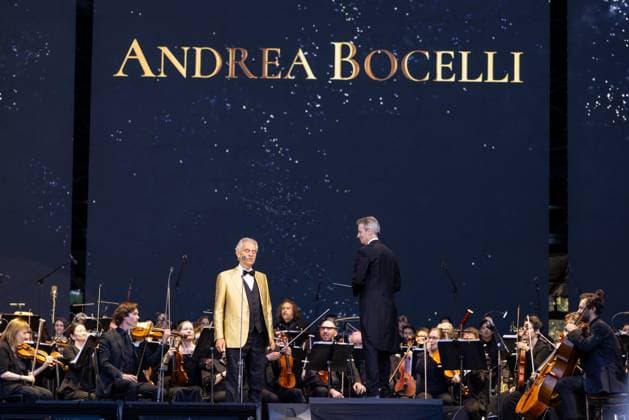 Andrea Bocelli Performs in Napa Valley Andrea Bocelli performs with an orchestra at Charles Krug Winery in Napa Valley, California, on June 21, 2025. The event brings together guests for Bocelli™s benefit concert supporting education and healthcare programs worldwide. Napa California United States Copyright: xSahabxZaribafx