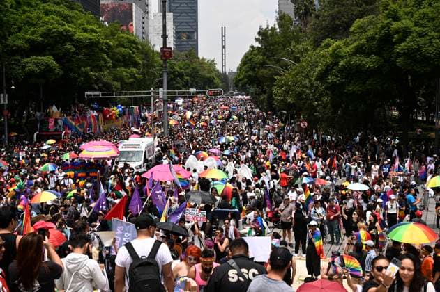 Members of the LGBTTTIQ+ take part during the 47th annual pride march at Reforma Avenue, with the participation of hundreds of people belonging to the LGBT community which began at the Angel of Independence. Thousands of people around the world joined the global pride march to protest against transphobia, homophobia, and demand greater safety, equity, and equality. on June 28, 2025 in Mexico City, Mexico. Mexico City Mexico - ZUMAe321 20250628_zia_e321_004 Copyright: xCarlosxTischlerx