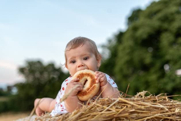 Creative Highlights Symbolbilder Baby girl chewing bread and lying on the hay bale. Corby, England, United Kingdom R_JNDO250628B-1761309-01 ,model released, Symbolfoto
