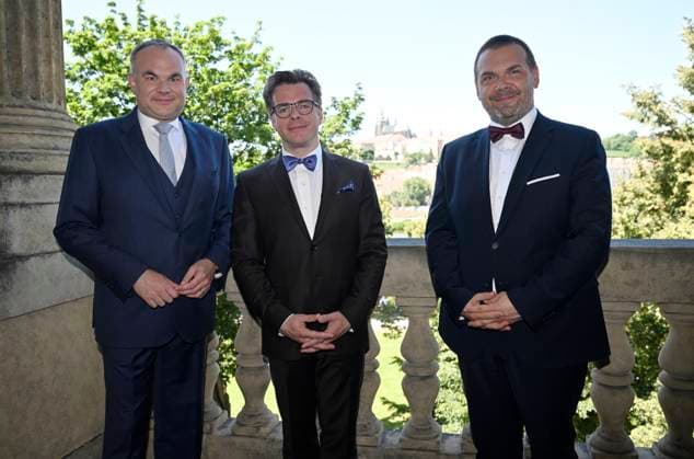 Jakub Hrusa (centre), who will become chief conductor and music director of the Czech Philharmonic orchestra in autumn 2028, in Prague, Czech Republic, on June 30, 2025. The forty-three-year-old world-renowned conductor will succeed current chief conductor and music director Semyon Bychkov. On the left is the General Director of the Czech Philharmonic David Marecek and on the right is the Minister of Culture Martin Baxa. (CTKxPhoto KaterinaxSulova) CTKPhotoP2025063004023  CTKPhotoP2025063004023