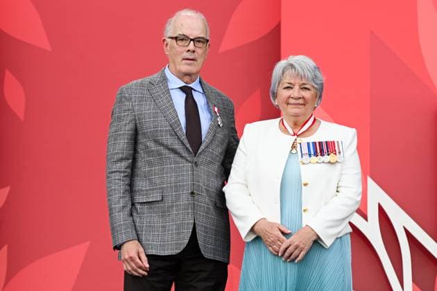 July 1, 2025, Ottawa, On, Canada: Canadian sports commentator and host Scott Oake, left, poses for a picture with Gov. Gen. Mary Simon after being invested as a Member of the Order of Canada during Canada Day celebrations at LeBreton Flats in Ottawa, on Tuesday, July 1, 2025. Ottawa Canada  - ZUMAc35_ 20250701_zaf_c35_128 Copyright: xSpencerxColbyx